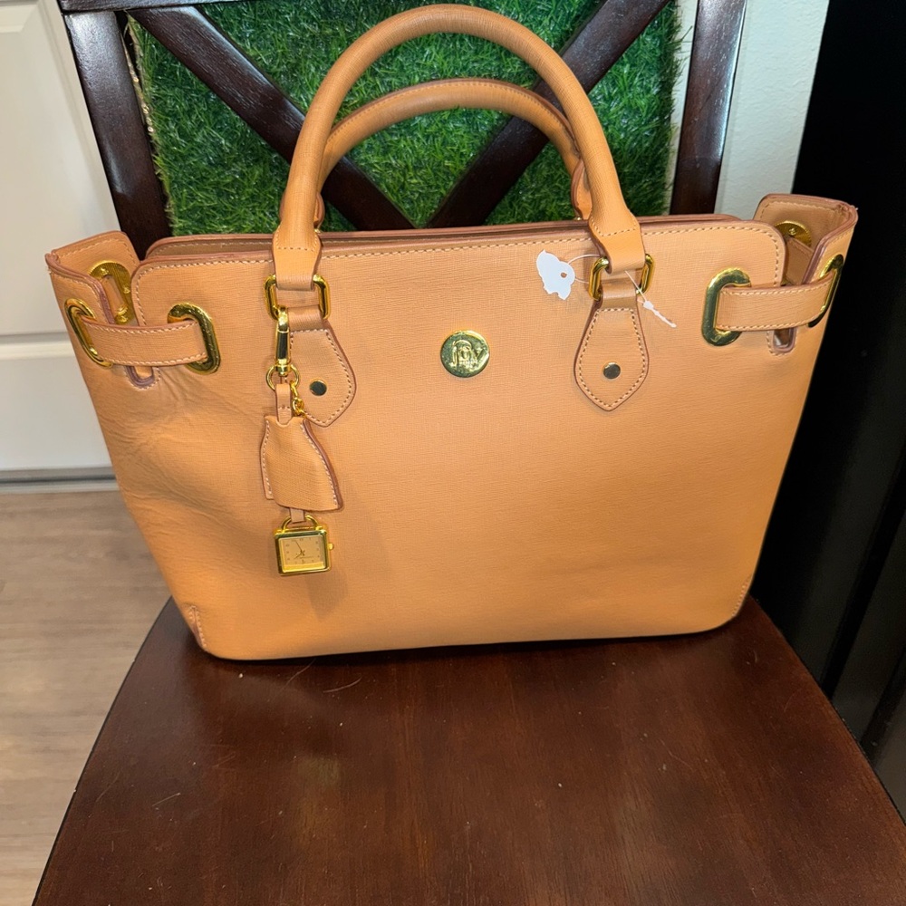 NWOT Large Tan Leather Handbag w/ watch